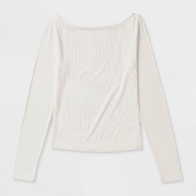 Women's Slim Fit Long Sleeve Boat Neck Ribbed T-Shirt - Cream L