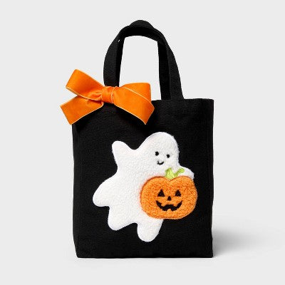 Small Halloween Ghost and Pumpkin Applique Canvas Tote Gift Bag with Bow Black/Orange/White - Spritz