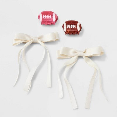 Girls' 4pk Football and Satin Bow Claw Clip Set - art class