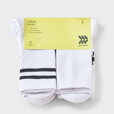Boys' 6pk Varsity Striped Arch Support Cushioned Crew Socks - All In Motion Bright White L