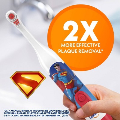 Spinbrush Kids' Superman Electric Toothbrush: Round Head, Soft Nylon Bristles, Battery-Powered, 9.64-Inch Height