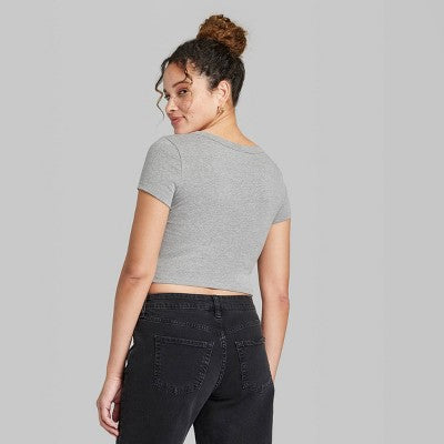 Women's Short Sleeve V Neck Cropped T-Shirt -  Dark Gray S