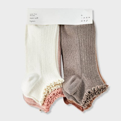 Women's Pointelle Lettuce Edge 6pk Low Cut Socks - A New Day Ivory/Peach/Brown 4-10: Recycled Polyester, Ruffle Trim, Tagless