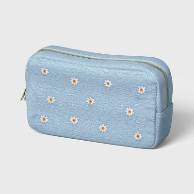Embroidered Daisy Denim Single Zip Pencil Pouch - up&up