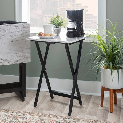 Linon 4pc 26.4" Talia TV Tray Table Set Faux Marble with Storage Rack White (LOCAL PICKUP ONLY)