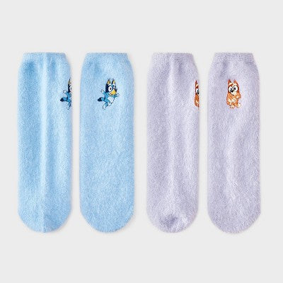 Women's Bluey Furry Face Box of Cozy Embroidered Crew Socks - Blue/Purple 4-10