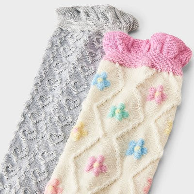 Girls' 2pk Textured Floral & Hearts Ruffle Knee High Socks - Cat & Jack Ivory Ivory L