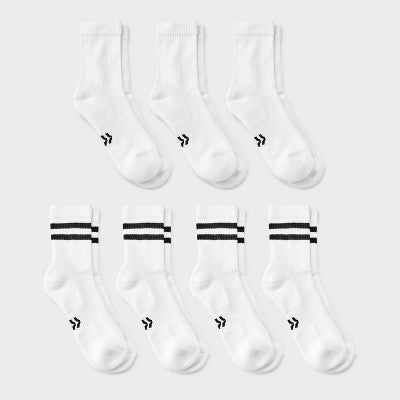 Women's Cushioned 6+1pk Mid Crew Athletic Socks - All In Motion Black Striped - 4-10