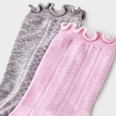 Girls' 2pk Ruffle Trim Pointelle Crew Socks - art class Pink/Gray M