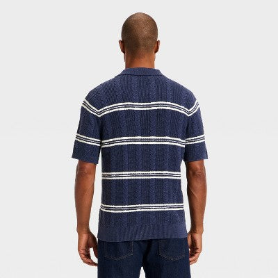 Men's Striped Short Sleeve Cable Sweater - Goodfellow & Co Blue L