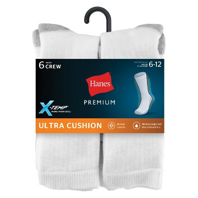 Hanes Premium Men's X-Temp Ultra Cushion Crew Socks 6pk - White 6-12: Breathable, Midweight, Reinforced Toe