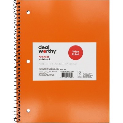 Wide Rule 1 Subject 7.5"x10.5" Spiral Notebook Orange - Dealworthy