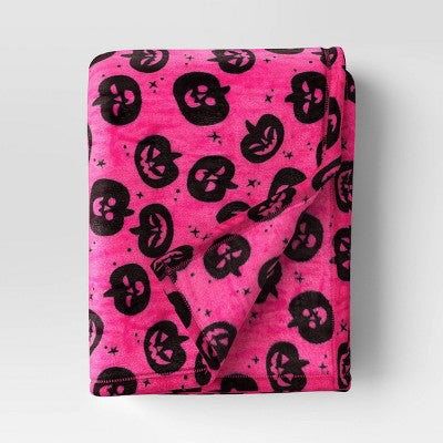 Pumpkin Printed Plush Halloween Throw Blanket Pink - Hyde & EEK! Boutique: Cozy Recycled Polyester, Knitted, 50x60"