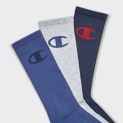Champion Authentic Originals Men's 3pk Logo Cushion Crew Socks - Blue/Gray/Navy 6-12