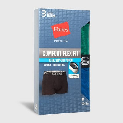 Hanes Premium Men's 3pk Trunks Total Support Pouch - Blue/Green/Gray XL: Tagless, Moisture Wicking, 4-Way Stretch