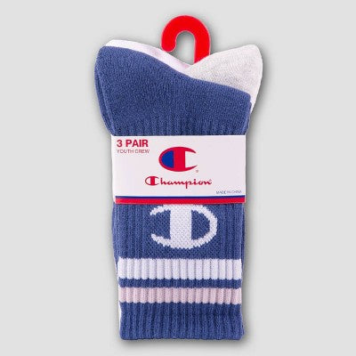 Champion Girls' 3pk Crew Socks - Blue L