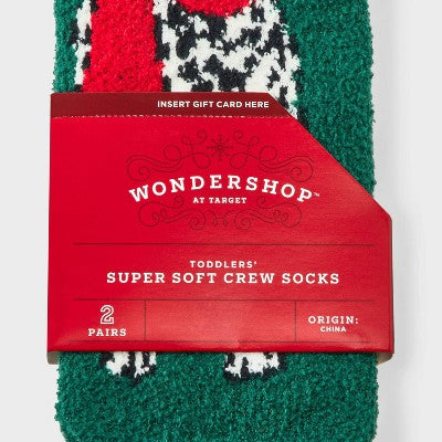 Toddler 2pk Cozy Christmas Dalmatian & Striped Crew Socks with Gift Card Holder - Wondershop Dark Green/Red 2T-3T