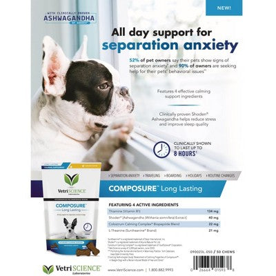 VetriScience Composure Long Lasting for Dogs, Calming Behavior and Anxiety Support, Chicken Liver Flavor, 90 Bite Sized Chews