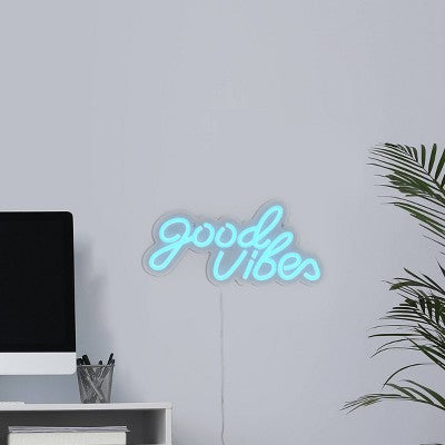 GEMS 'Good Vibes' Novelty Neon Wall Light - Blue: LED Sign, Battery Powered