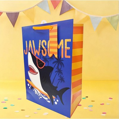 Bows And Sparkles Jumbo 'Jawsome' Sharks Birthday Gift Bag with Tag Blue/Orange (LOCAL PICKUP ONLY)