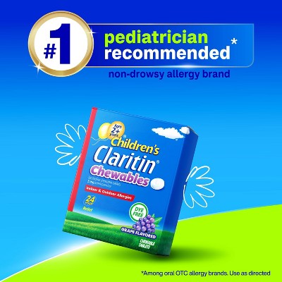 Claritin Children's 24-Hour Allergy Relief Chewables, Non-Drowsy, 5mg Loratadine, Dye-Free, Grape, Ages 2+ - 10ct