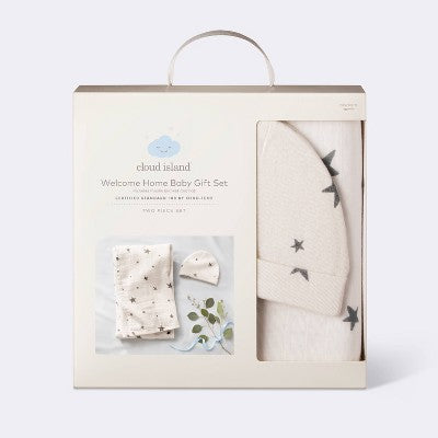 Hospital Muslin Swaddle Baby Blanket and Hat Gift Set - Cream and Gray Stars - 2pk - Cloud Island