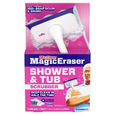 Mr. Clean Magic Eraser Shower & Tub Scrubber, Lavender Starter Kit, 1 Scrubber & 2 Erasers: Foam Cleaner, Multipurpose Application