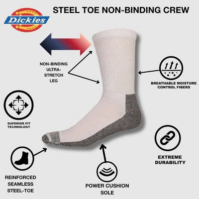 Dickies Men's 2pk Steel Toe Non-Binding Crew Socks - White 6-12: Tagless, Knit Fabric