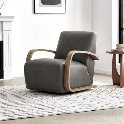 Spruce&Spring Swivel Accent Chair with U-Shaped Wood Arm, Single, Linen&Grey Wood (LOCAL PICKUP ONLY)