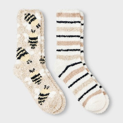 Women's Bees 2pk Cozy Crew Socks - Oatmeal Heather/Yellow 4-10