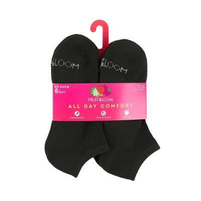 Fruit of the Loom Women's Cushioned 6pk No Show Athletic Socks - Black 4-10: Moisture Wicking, Ventilating Mesh, 4-Way Stretch