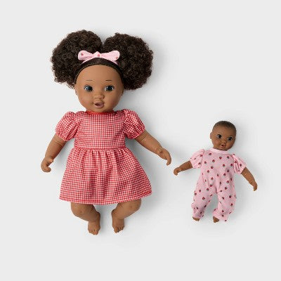 14" Dark Brown Hair/Brown Eyes Toddler Doll + Mini Baby Doll - Gigglescape