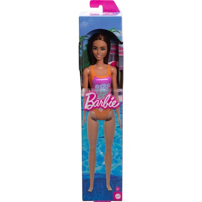 Barbie 12.7" Beach Barbie Doll Brown Hair/Brown Eyes Wearing Tropical Pink and Orange Swimsuit