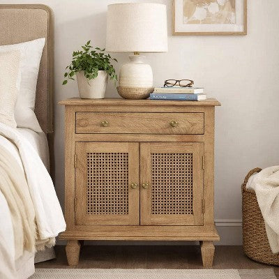The Urban Port 30" Nightstand Table Rattan Cabinet Doors and Drawer Fronts Sandblasted Brown Mango Wood Brown (LOCAL PICKUP ONLY)