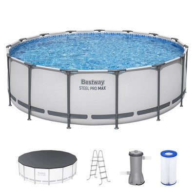 Bestway Steel Pro MAX 15 Foot by 48 Inches Round Above Ground Family Swimming Pool Set Outdoor Steel Frame with Filter, Pump, Ladder, and Cover, Gray (LOCAL PICKUP ONLY)