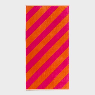 36"x72" Reversible Diagonal Striped Oversized Beach Towel Pink/Orange - Room Essentials