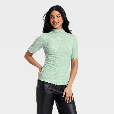 Women's Short Sleeve Mock Neck Textured Top - A New Day S