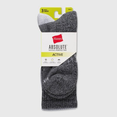 Hanes Men's 3pk Absolute Active Cushioned Crew Socks - Charcoal Gray/Gray/Black 6-12: Breathable Knit, Arch Support