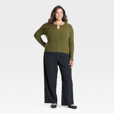 Women's Ribbed Cuff Cardigan Sweater - A New Day Olive 2X