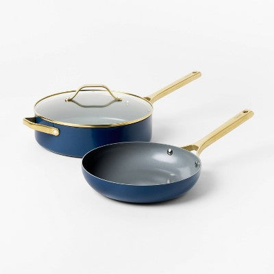 7pc Nonstick Ceramic Coated Aluminum Cookware Set with Champagne Handles Navy - Figmint (LOCAL PICKUP ONLY)