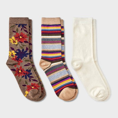 Women's Floral & Striped 3pk Crew Socks - A New Day Dark Brown Heather/Ivory 4-10