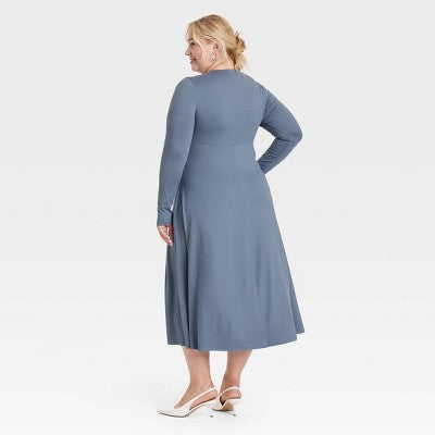 Women's Long Sleeve Twist-Front Midi Dress - A New Day Blue 1X