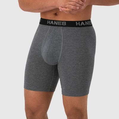 Hanes Premium Men's 3pk Long Leg Boxer Briefs Total Support Pouch - Black/Gray M: Tagless, Moisture Wicking, 4-Way Stretch