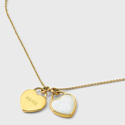 Tiny Tags 14K Gold Ion Plated "Mama" Double Heart Pendant Necklace - Gold/White
