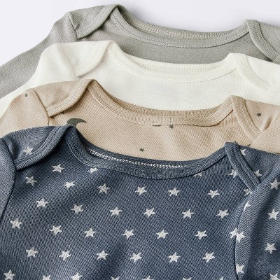 Baby 4pk Long Sleeve Moons Bodysuit - Cloud Island Gray 0-3M: Cotton Infant Apparel, Crotch Snap, Lap Shoulder Design