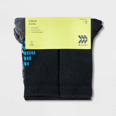 Boys' 6pk Crew Socks - All In Motion Black M: Arch Support, Cushioned Heel, Smooth Seams