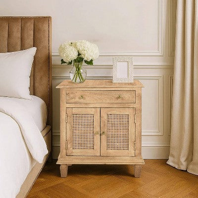 The Urban Port 30" Nightstand Table Rattan Cabinet Doors and Drawer Fronts Sandblasted Brown Mango Wood Brown (LOCAL PICKUP ONLY)