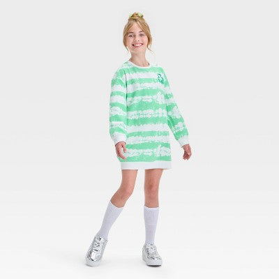 Girls' Long Sleeve St. Patrick's Day Dress Cream/Lime Green M