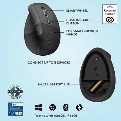 Logitech Lift Bluetooth Mouse - Black: Ergonomic Wireless Computer Accessory