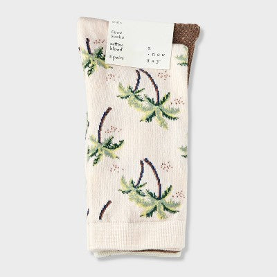 Women's Palm Tree 3pk Crew Socks - A New Day Pink/Brown Heather/Ivory 4-10: Cotton Blend, Tagless, Smooth Toe Seams